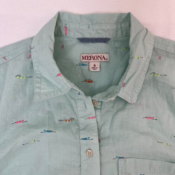 Merona Long Sleeve 1/4 Button Collared Mint Multicolor Swimmers Women's Sz Small - Picture 9 of 16